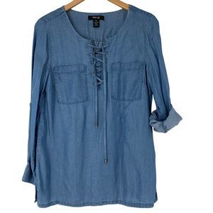 Women Style & Co M Petite Chambray Lyocell Shirt Top Roll Tab Sleeves 3849